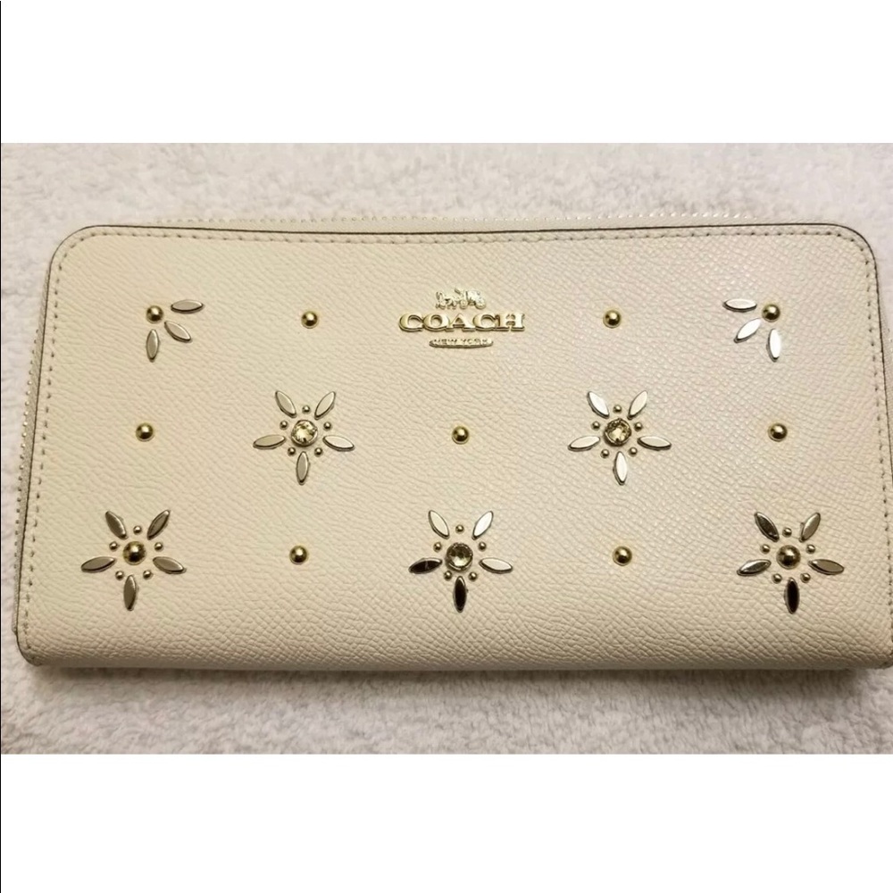 Coach Cream Floral Studded Leather Zip Wallet